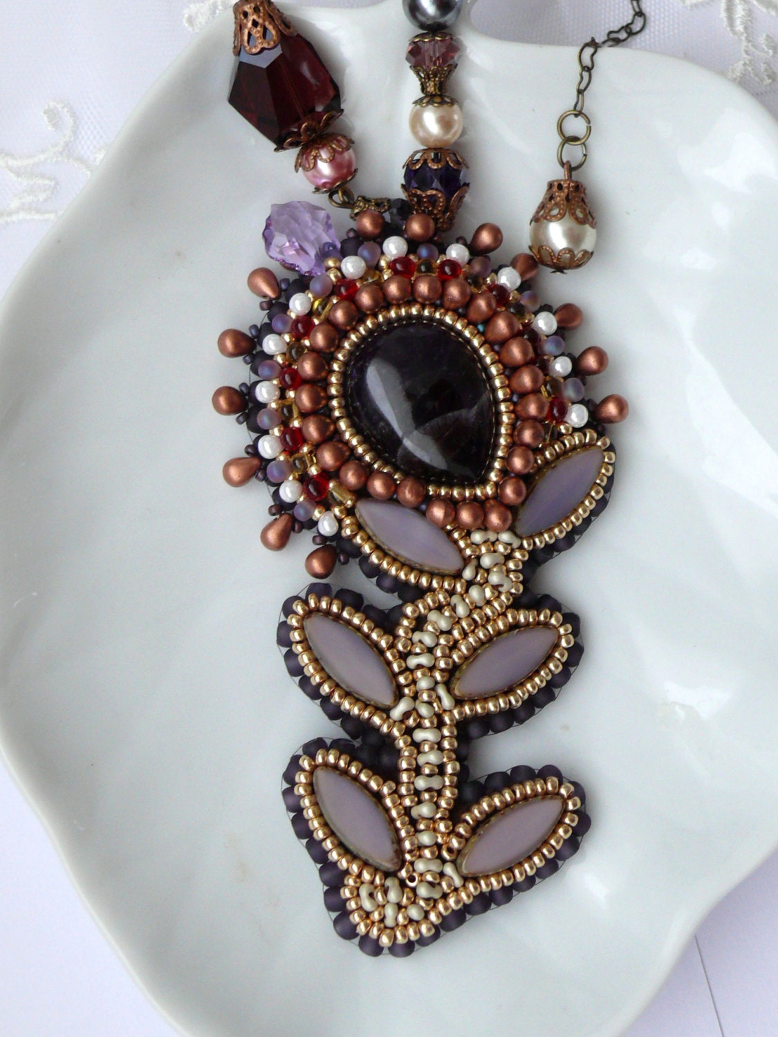 Bead embroidered necklace BEAUTIFUL AGNES Flower with purple amethyst cristal Swarovski embroidery Seed Bead Jewelry Mothers day EBW team