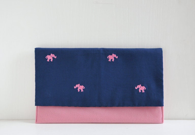 Elephant Clutch - blue with pink elephant pattern