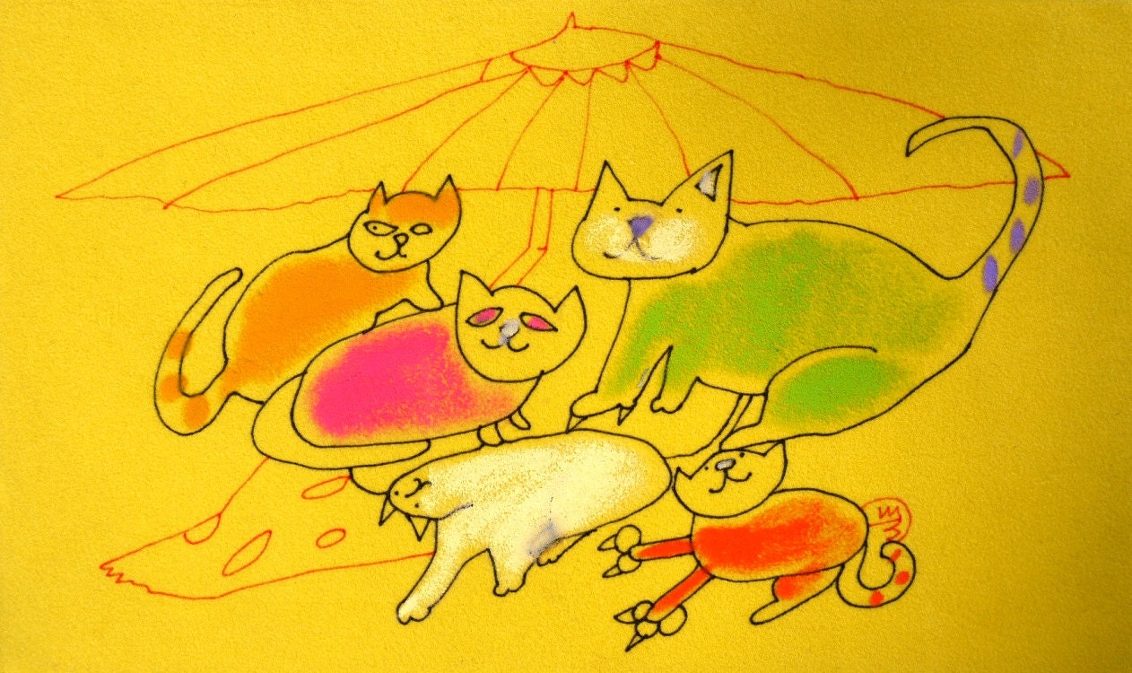 COLORFUL CAT PAINTING - Abstract Oil Pastel Painting - Textured Yellow Art - Original Ink Drawing - Animal Illustration