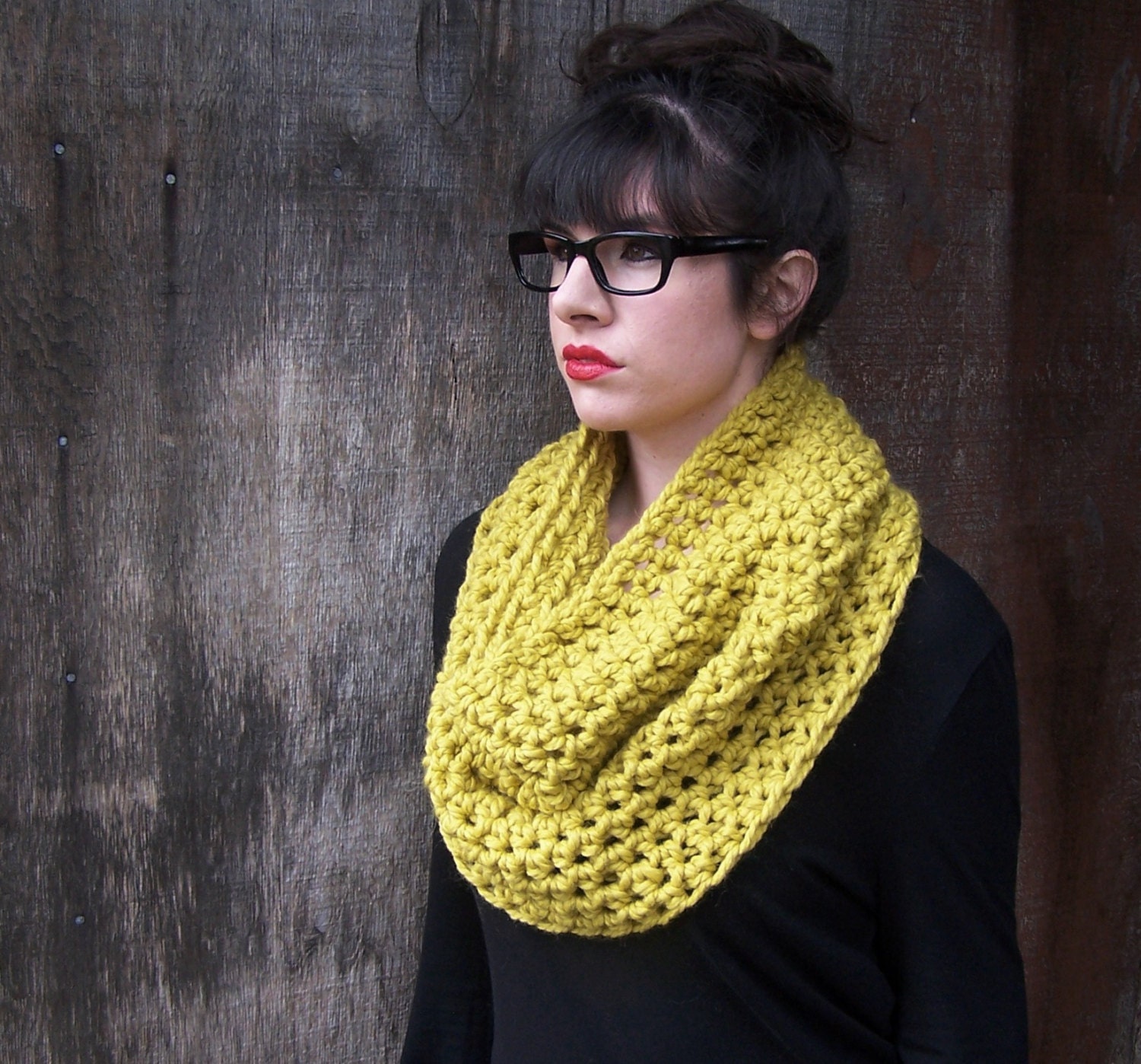 Large chunky mustard yellow crochet cowl neck warmer handmade crochet infinity eternity loop circle scarf women