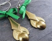 Brass Dangle Earrings, Green Ribbon & Brass Art Deco Stampings OOAK
