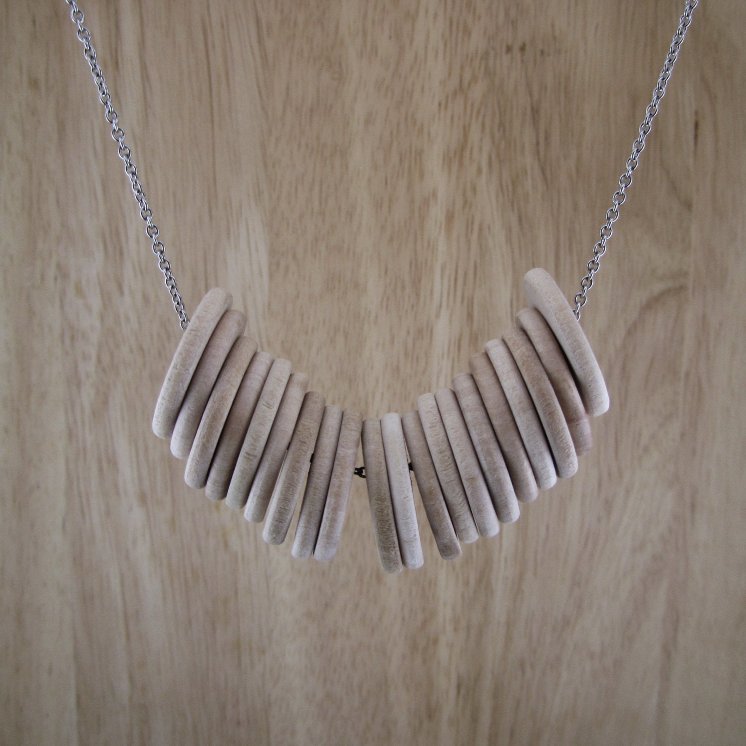 Wood Bib Necklace, Natural Wood Medallions & Stainless Steel Chain