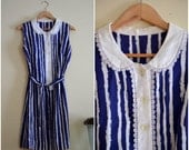 Vintage Blue and White Striped Peter Pan Collar Shift Dress - 1960s