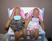 FABRIC STUFFED BUNNIES Set of two wearing cotton outfits Easter Holidays Decorations