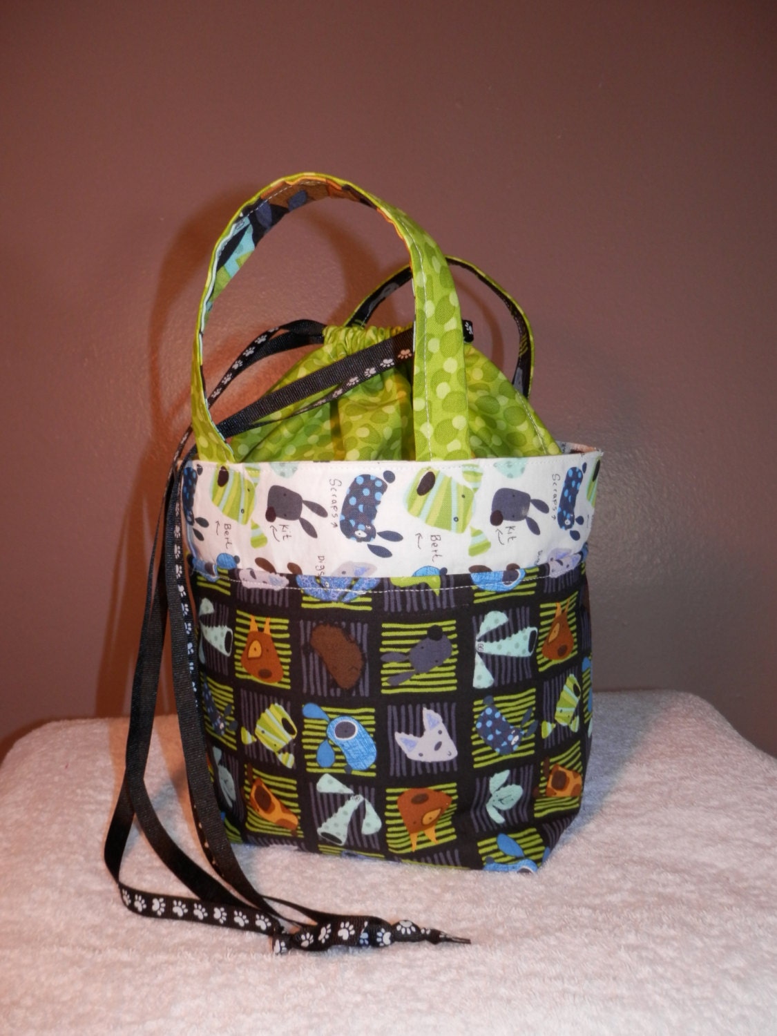 LUNCH BAG TOTE Waterproof Drawstring Top Lightweight Colorful Cotton Fabric