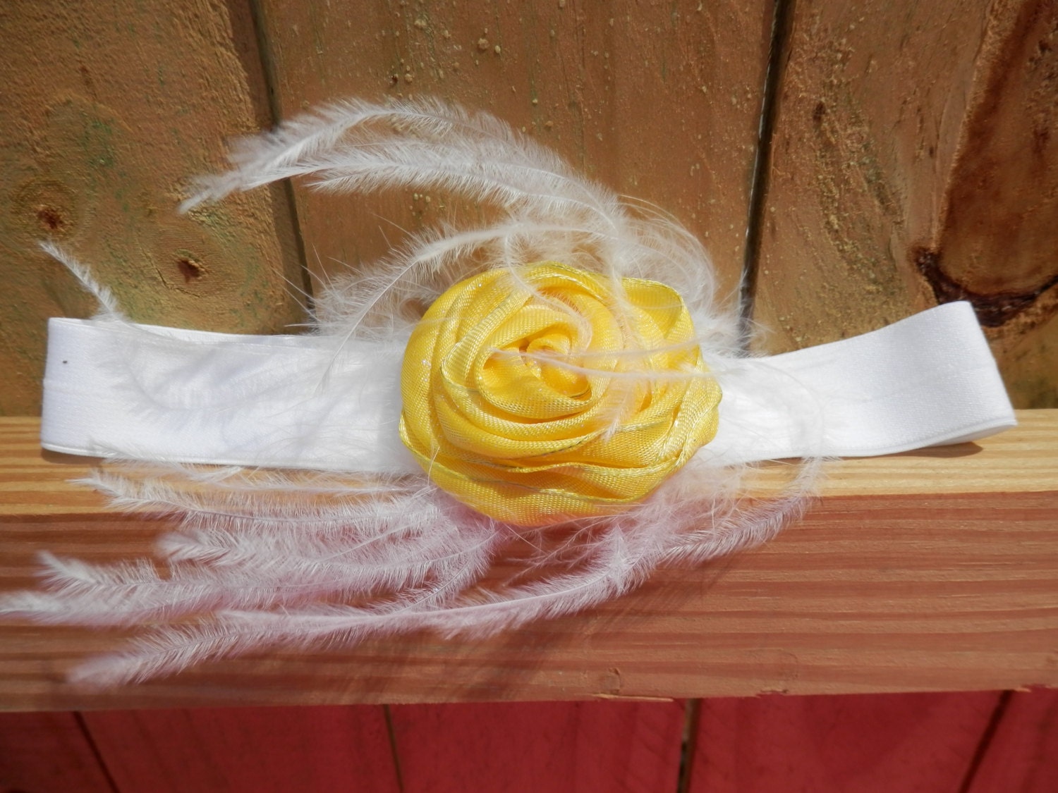 ROSETTE FABRIC HEADBAND Yellow Fabric Rose White Maribou White Headband