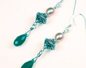 Sterling silver Bali bead, fern green Swarovski crystal, and pastel pink freshwater pearl earrings.