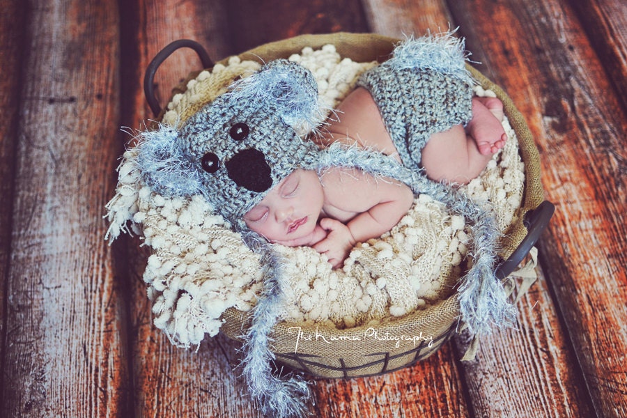 Crochet Koala Bear Hat with diaper cover - Gray black and gray fur- Photography Prop - 13 inch size - Made to order two days
