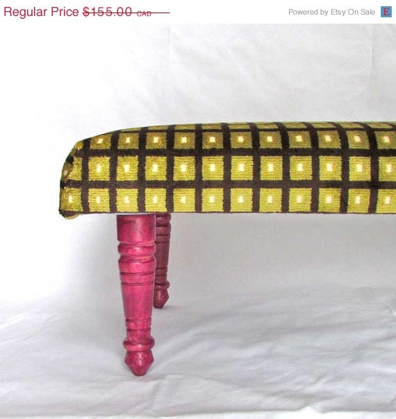 SALE Pet Bed/Footstool - Dog or Cat Lounger - Velvet Upcycled Designer Upholstery in Chartreuse, Cream and Mahogany - Raspberry Wood Turnin