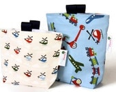 Reusable Sandwich and Snack Bag, Set of 2 in Scoot Fabric by Riley Blake, Cream Helicopters, Blue Trains, Planes, Gusset and Finger Tabs