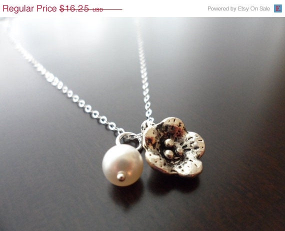 Flower and Pearl Necklace, Sterling Silver, Bridesmaids Gifts, Flower Girl, June Birthstone
