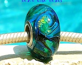 TEAL GLITTERIZE OPAL Fully Lined Sterling Silver Big Hole Bead fits Troll Trollbeads Chamilia European Charm Bracelets Handmade Lampwork