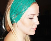 Emerald Green Head Scarf,  Stretchy Lace Hair Wrap ,  Womens Headband, Victorian, Yoga Headband