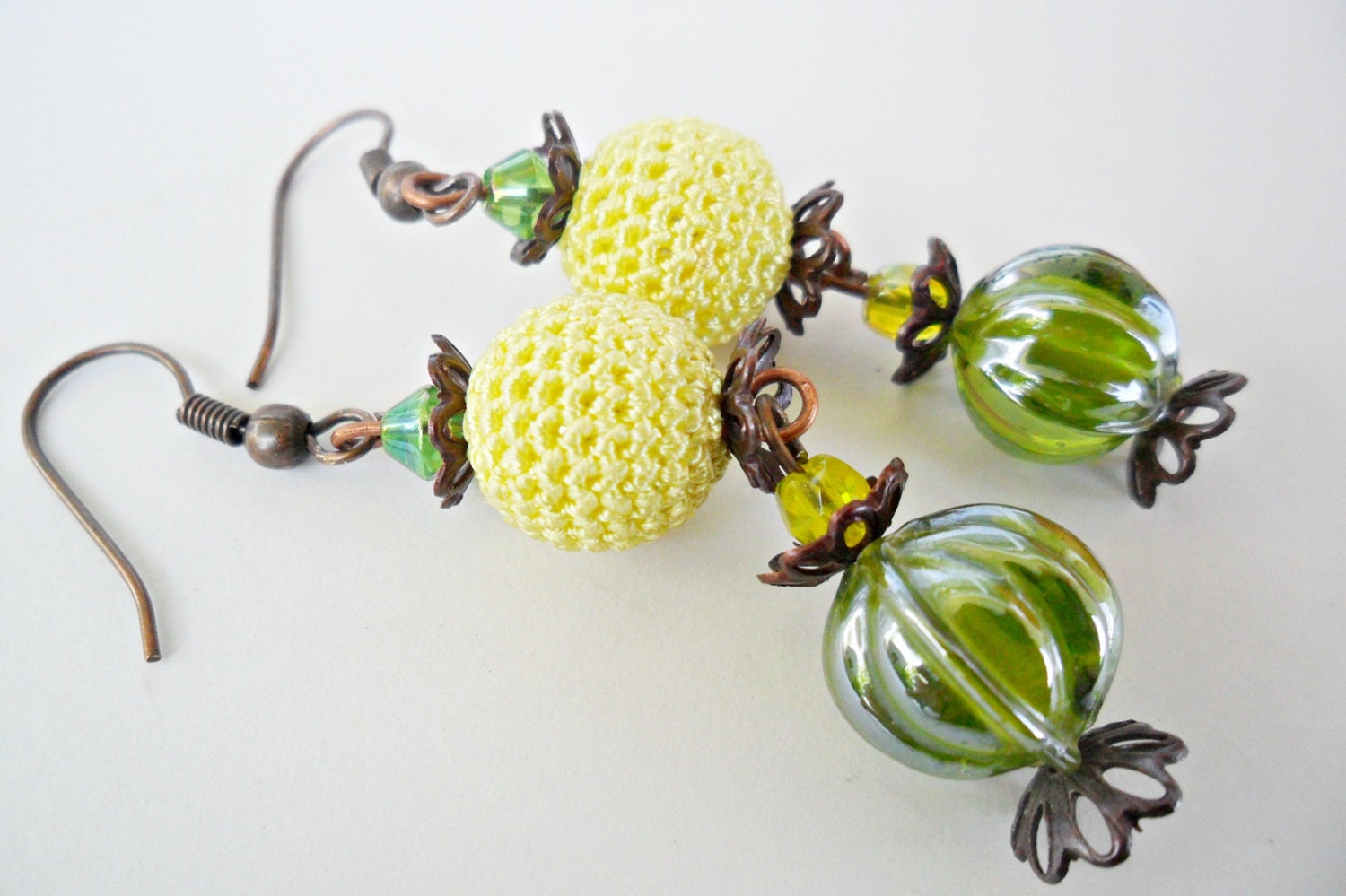 Free shipping - Yellow Crocheted Bead Earrings