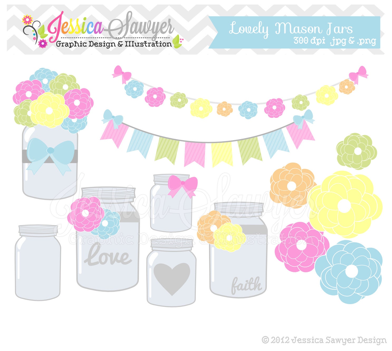 INSTANT DOWNLOAD Mason jar clipart - vintage wedding - bunting banner - patterned- commercial use - flower - digital element Il_570xn