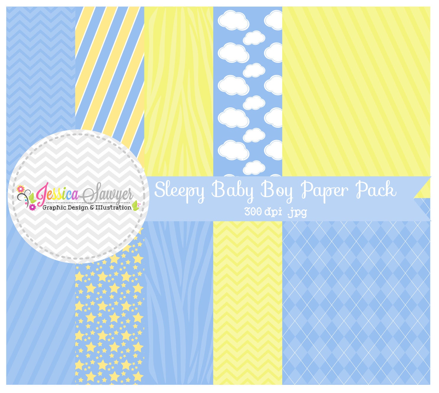 INSTANT DOWNLOAD Sleepy boy digital paper - 8.5 x 11- printable blue background - clouds - stripes - zebra - card making - scrapbook Il_570xn