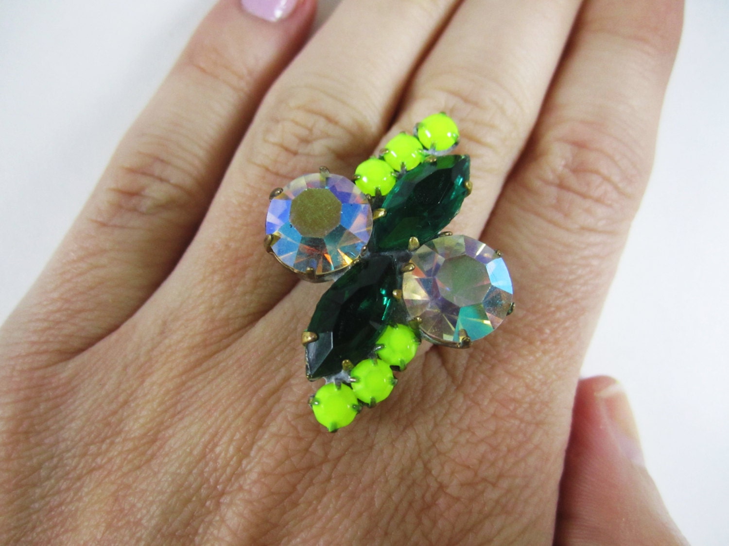 The Shakira Ring - One Of A Kind - Vintage Neon Yellow Emerald Aurora Borealis Hand Painted Rhinestone Ring - Adjustable Size