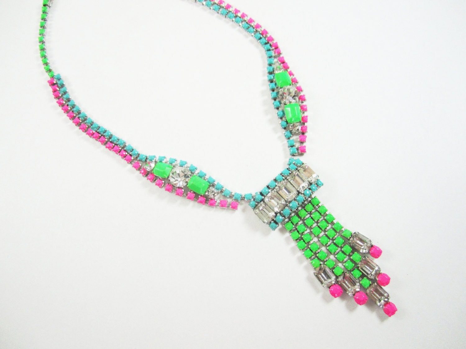 The Mandy Necklace - Hand Painted Genuine Vintage 1950s Rhinestone Necklace - Neon Green Pink Turquoise  - OOAK