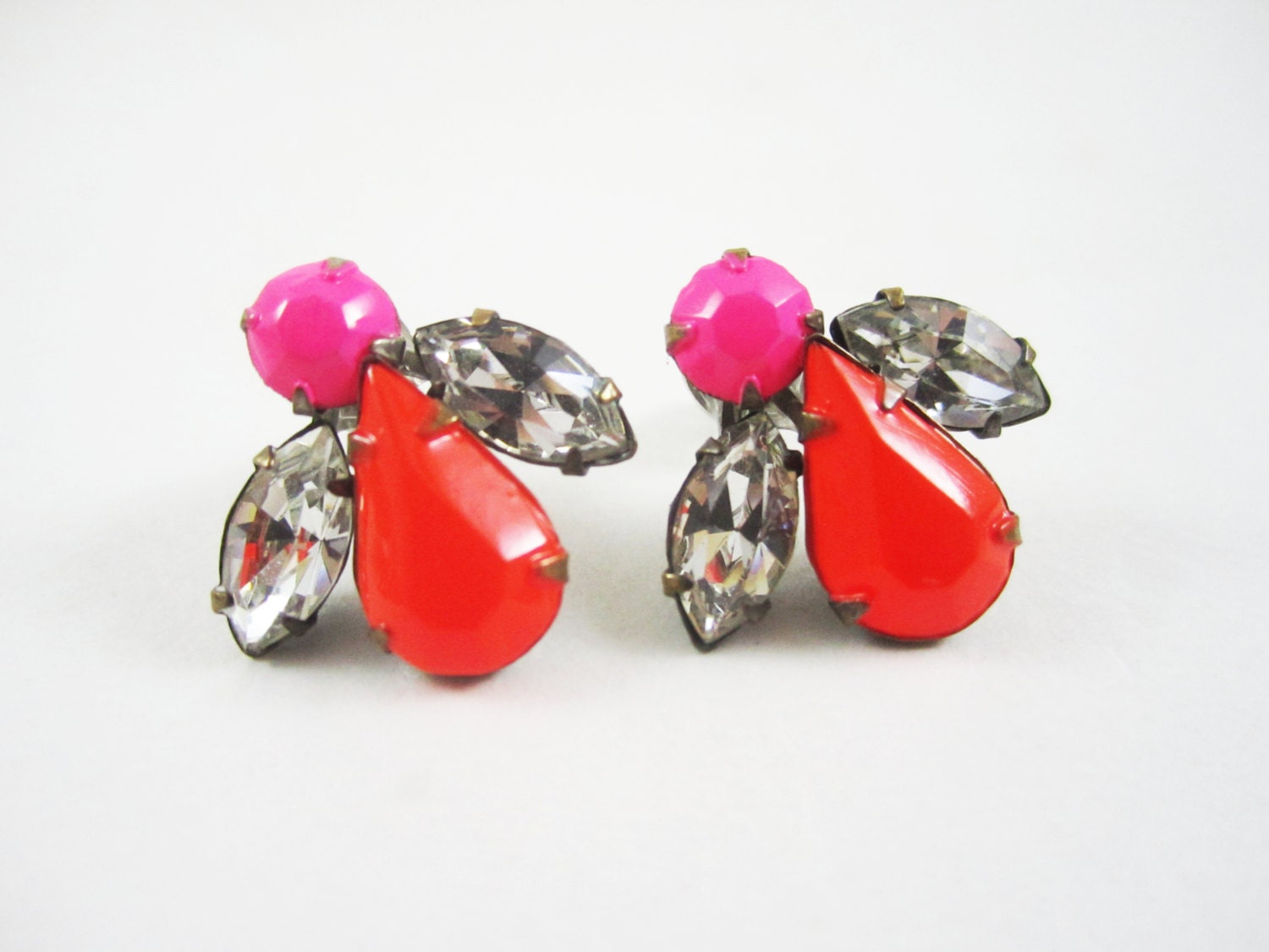 One Of A Kind - Vintage 1950s Hand Painted Neon Pink & Red Rhinestone Earrings - by Love Obsessed