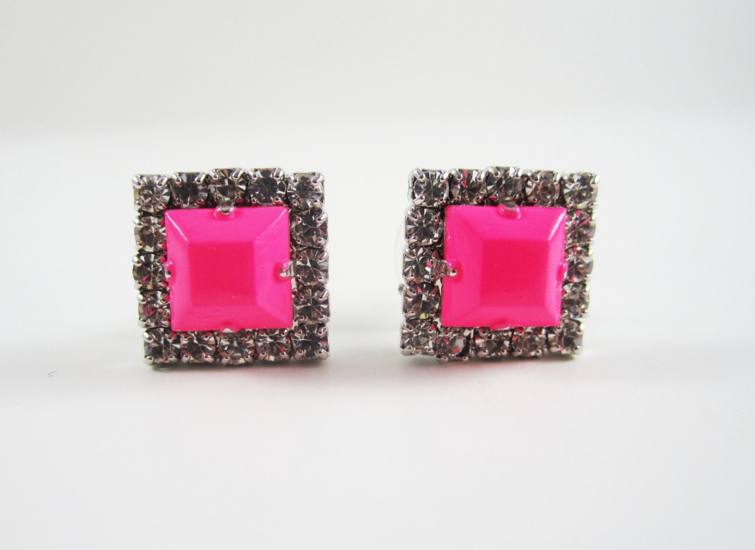 The Betsy Earrings- One Of A Kind -  Hand Painted Neon Pink Rhinestone Earrings - by Love Obsessed