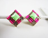 The Carmen Earrings- One Of A Kind -  Hand Painted fucshia and Mint Rhinestone Earrings - by Love Obsessed