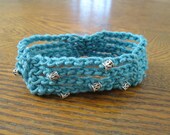 Crochet Bracelet Light Turquoise Blue Cotton Silver Scroll Beads Fiber Bohemian Teen Flexible Stretchy