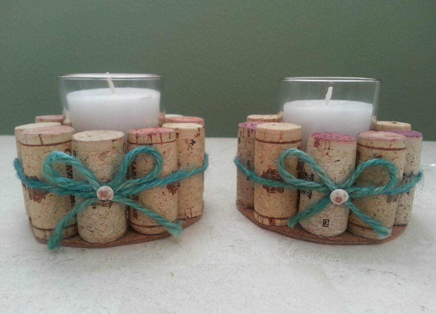 Wine Cork Candle Holders with Turquoise Twine Bow & Shell (set of 2)