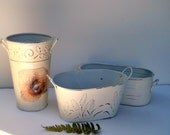 Vintage metal decor painted old white, distressed, set of three metal garden containers, rustic decor items