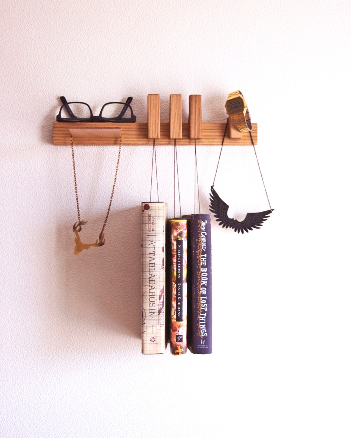 Nightstand in Oak. Floating bedside table. Hanging bedside rack.