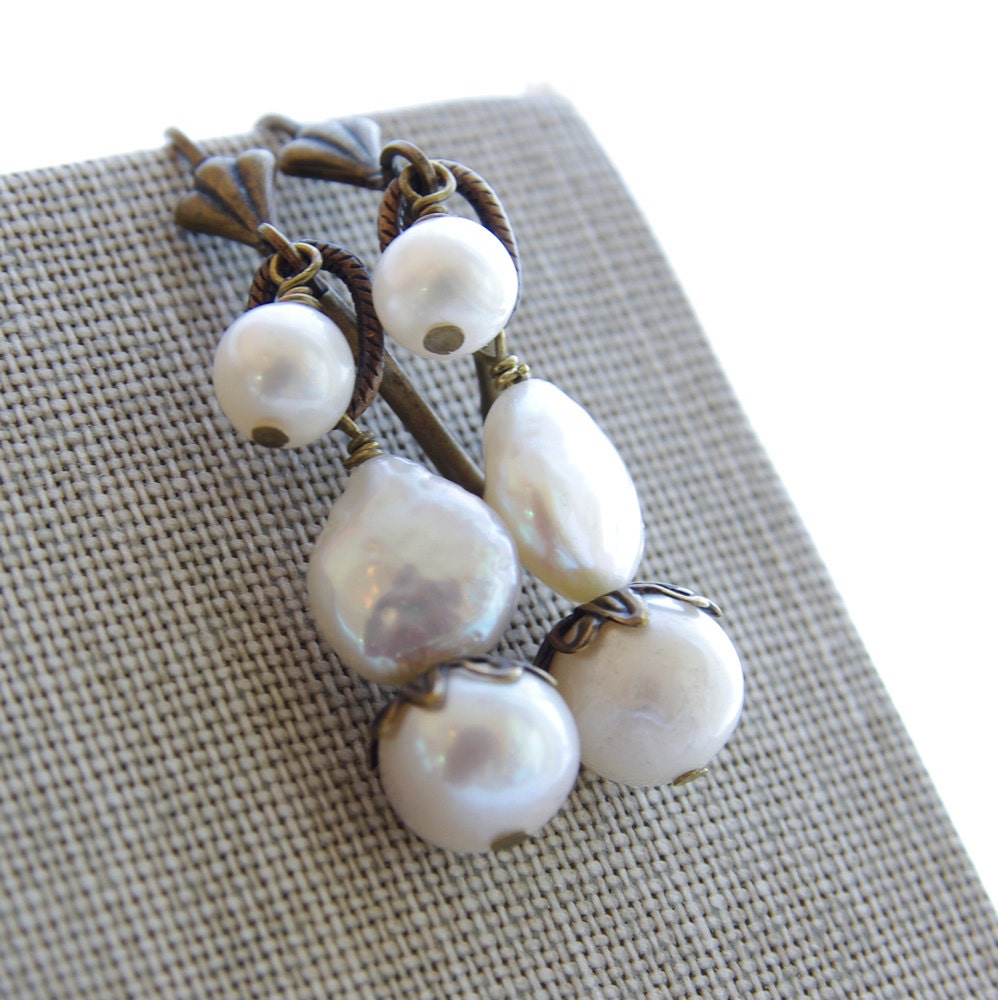 Rustic Pearl Earrings, Bridesmaid Gifts, Farm Country Rustic Wedding, White Freshwater Pearl, Brass, Shabby Chic Vintage Stye Bridal Jewelry