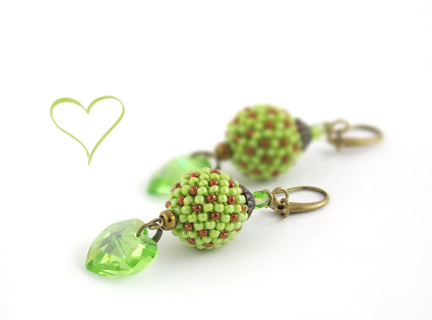 Beaded Bead earrings "Green apple" with Swarovski Crystal Heart Charm Green Bronze  Jewelry  Beadwork Super gift