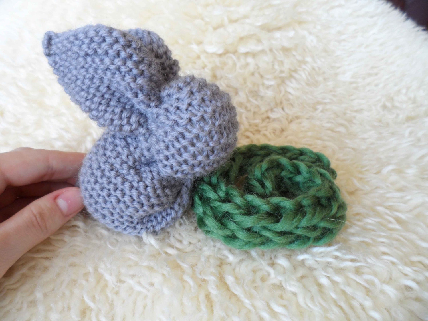 Grey Wool Hand Knit Bunny with Grass, Child's Waldorf Toy,  Plush Rabbit, Waldorf Inspired, Natural Toys,Children