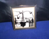 VINTAGE SILHOUETTE Framed silhouette picture wall hanging BOAT Beach scene