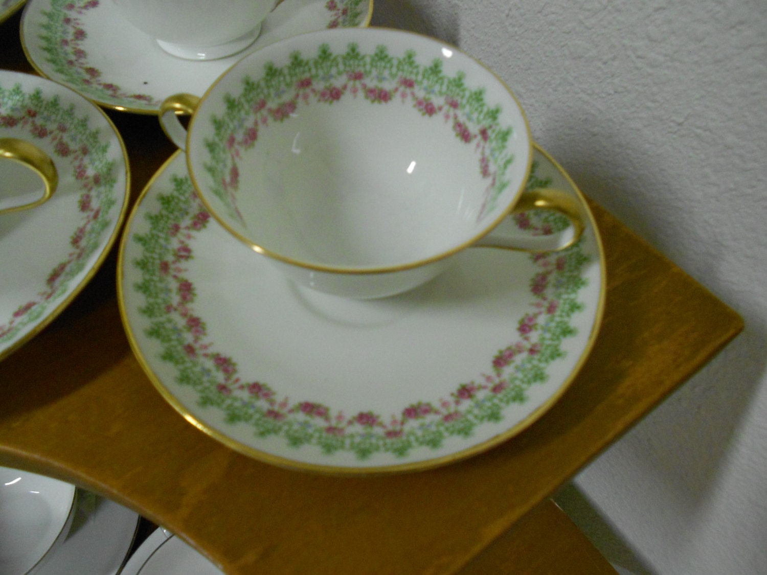 Porcelain  Limoges Bullion Cups and Saucers C. Ahrenfield Gold Trim Delicate Design