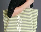 2-in-1 Light Grey & Neon Green Stripes Jersey Cotton Dog Carrier Bag / White Masked Boxer Screenprint
