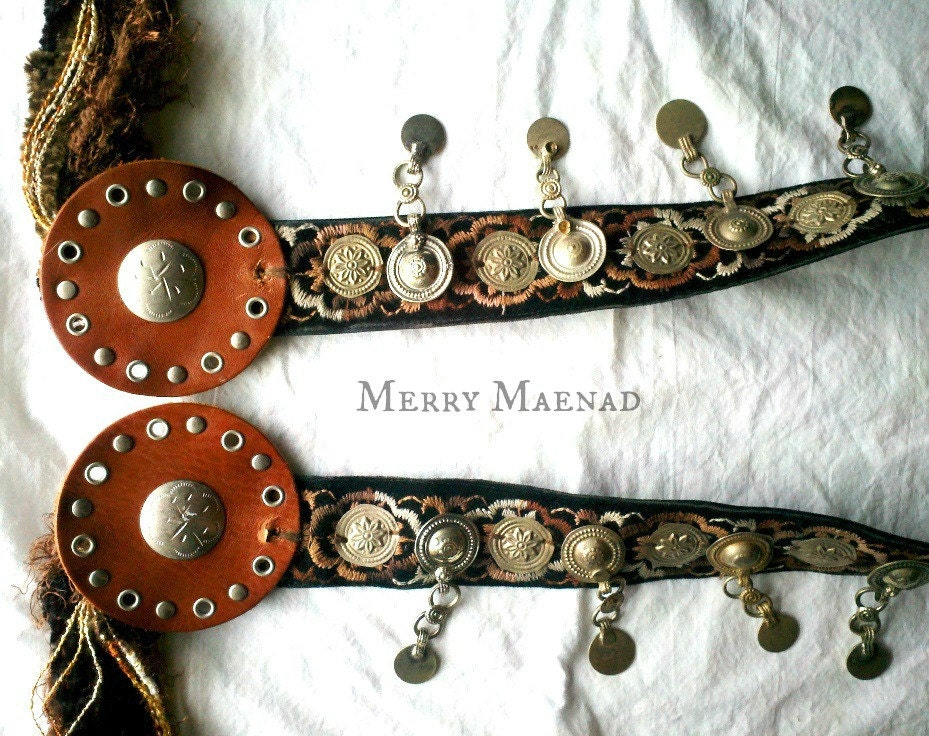 Brown Embroidered Tribal Fusion Belly Dance Belt . OOAK with Waziri Buttons, Upcycled Leather & Yarn Falls