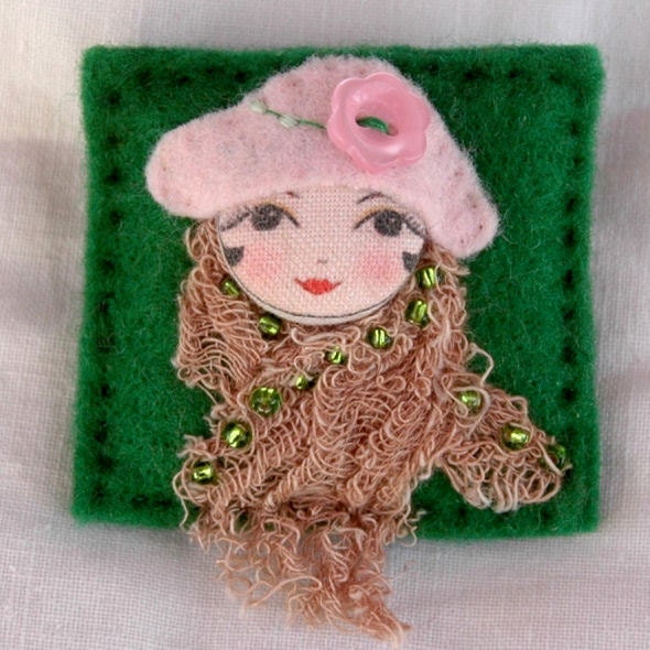 Lady's face brooch - hand sewn - doll face - felt brooches