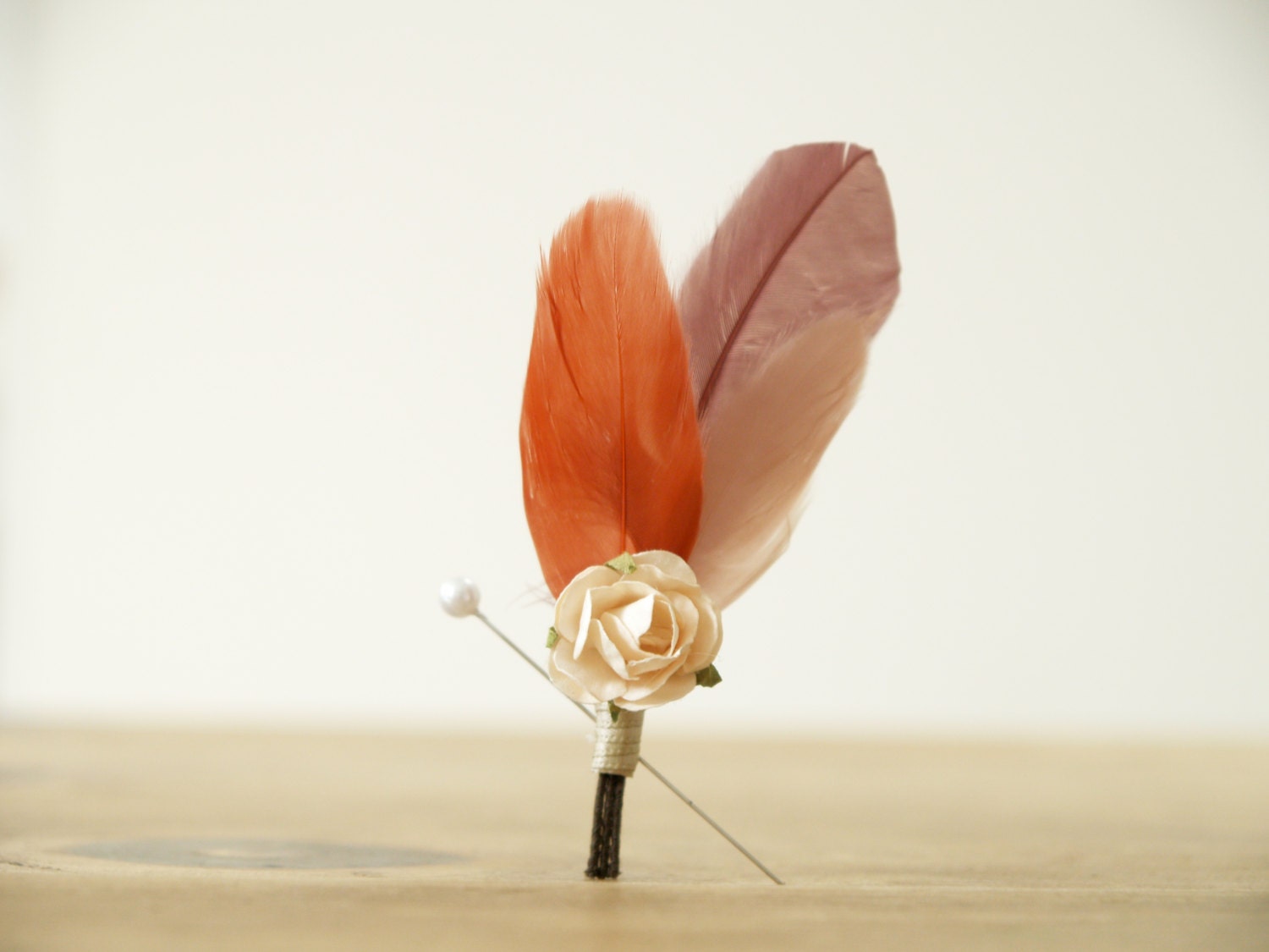 Wedding Buttonhole, Natural Boutonniere, Groomsman Lapel Pin, Vintage Peach Brown Cream Eggplant Hue, Feather, Country Simple Wedding