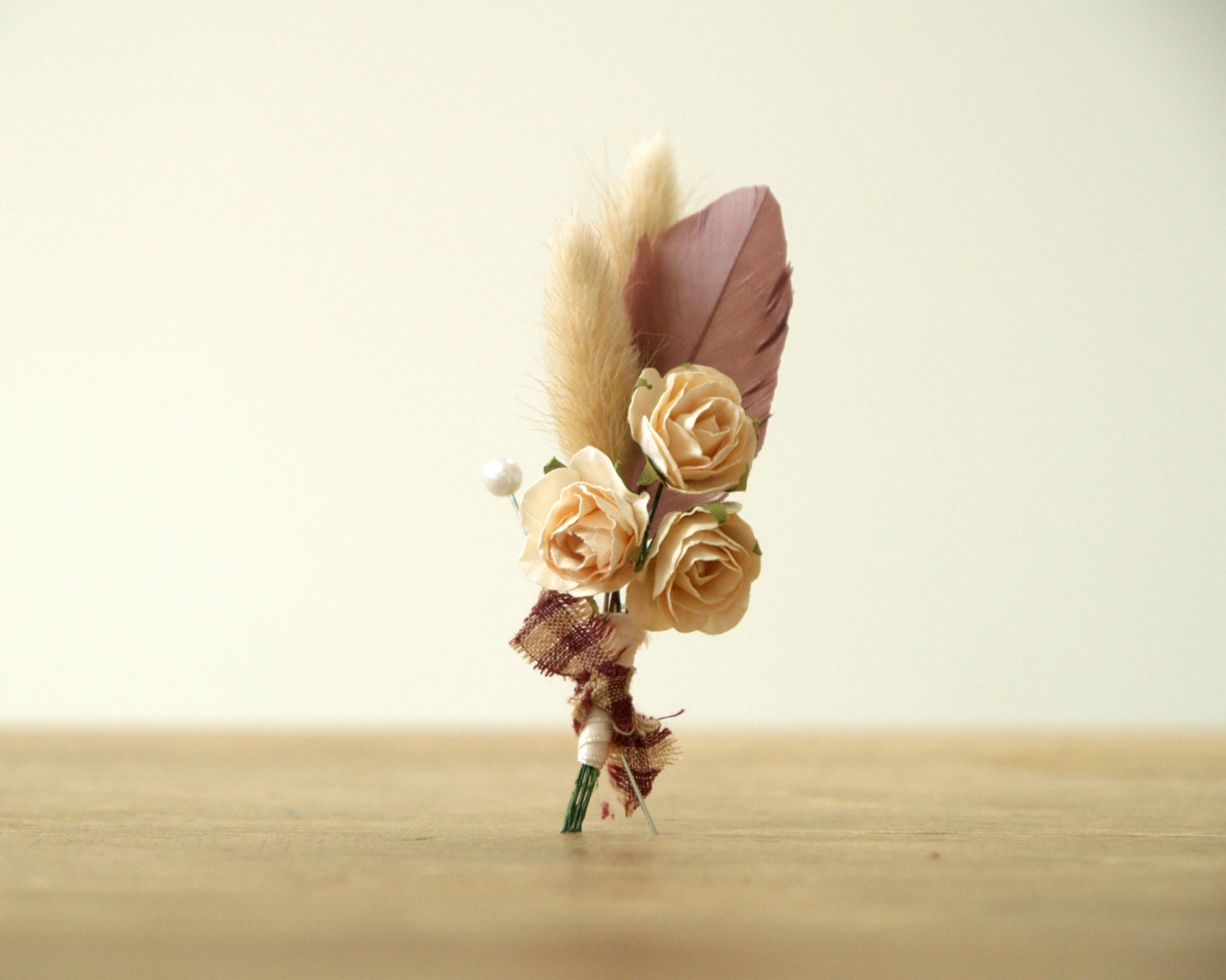 Spring Wedding Boutonniere, Natural Lapel Pin, Romantic Country Vintage Groomsman Peach Brown Cream Lavender Purple Eggplant Hue, Feather