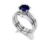 engagement ring set, Blue sapphire engagement, Diamond band, wedding ring set, gold, sapphire, three ring set, blue, diamond engagement