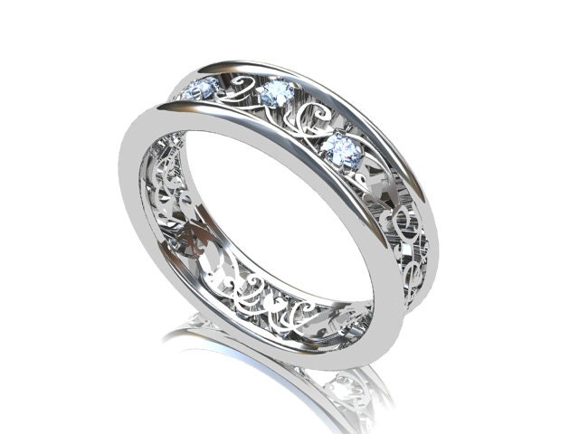 Aquamarine ring, White gold, wedding band, filigree, Aquamarine wedding,  blue wedding band,  blue filigree