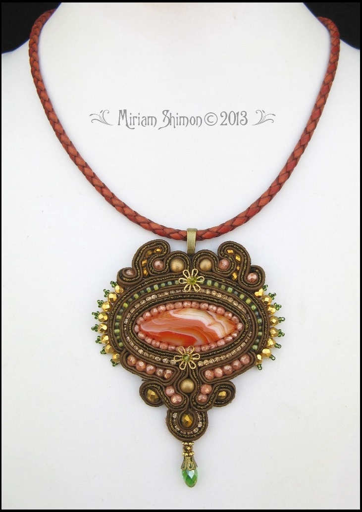 Orange Agate Soutache beaded pendant in Bronze, Gold and Green