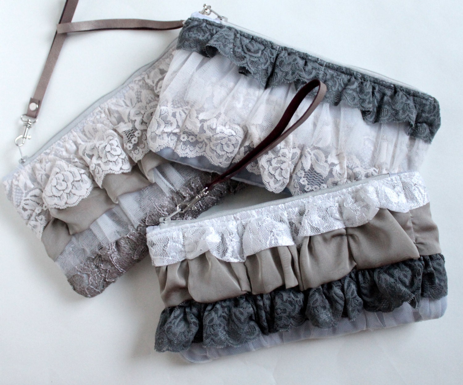Bridesmaids clutches, wristlets, set of 3, silk and lace clutches,