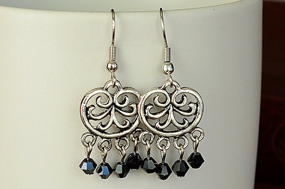 Chandelier Earrings, Silver with Black Accent Crystals