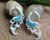 Fake Gauge Earrings, "Aislinn" Naturally Organic, Bone With Blue Stone Inlay, Tribal