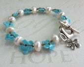 Lampwork Flower and Freshwater Pearl Bracelet, Blue Glass Bracelet, Pearl Bracelet, Artisan Bracelet