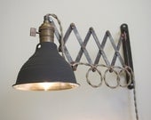 Industrial Scissor Articulating Wall Lamp Light - Antiqued Patina - Steampunk Lamp - Mirrored Dark Gray Shop Light & Shade