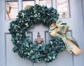 Deep Blue Hydrangea Wreath with Burlap and Damask Blue Ribbon