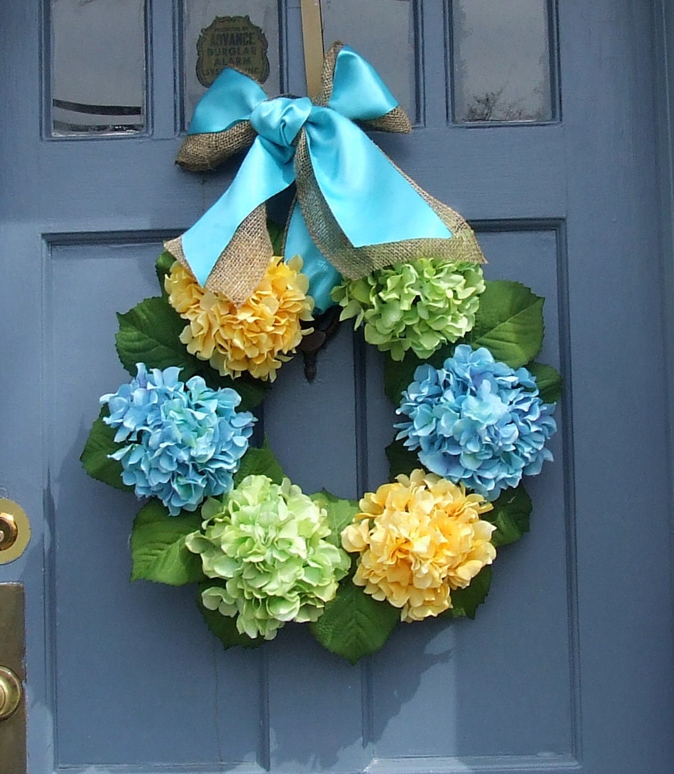 Blue, Yellow and Green Hydrangea Spring Wreath with Burlap and Satin Ribbon