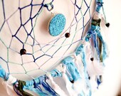 Large Dream Catcher - Blue Moon - With Turquoise Moon Amulet, Natural White Swan Feathers, Lace and Textiles - Home Decor, Mobile